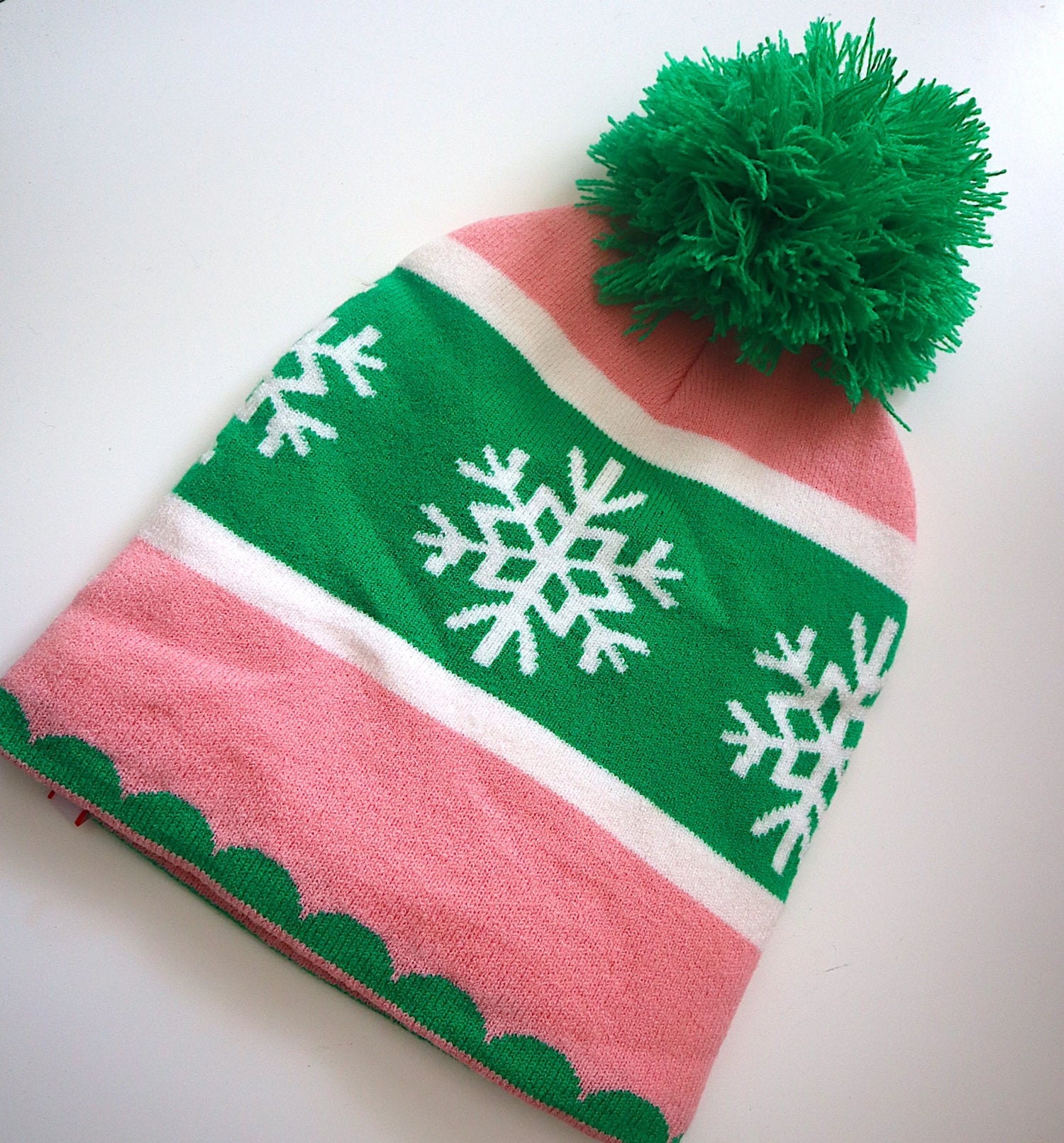 Custom Colorful beanie with green pom-pom and snowflake patterns